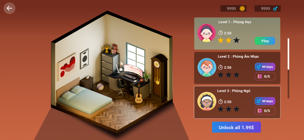 Setup Dream Room - Setup Dream Room level selection screen showing a 3D isometric bedroom design with a gaming desk and musical instruments.