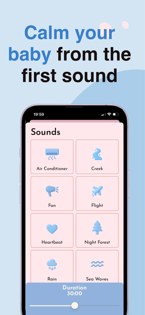 WeepAdvisor: Baby Cry Analyzer - Interface showing white noise and nature sound options to calm a baby in the WeepAdvisor app
