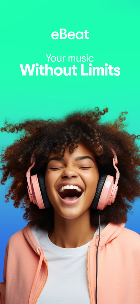 Uma jovem alegre usando fones de ouvido cor-de-rosa e rindo enquanto usa o aplicativo eBeat music player