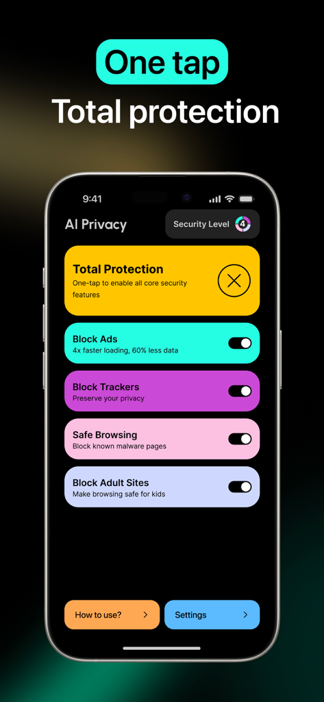 AI Privacy Pro mobile app interface showing one-tap security settings for blocking ads, trackers, and adult content