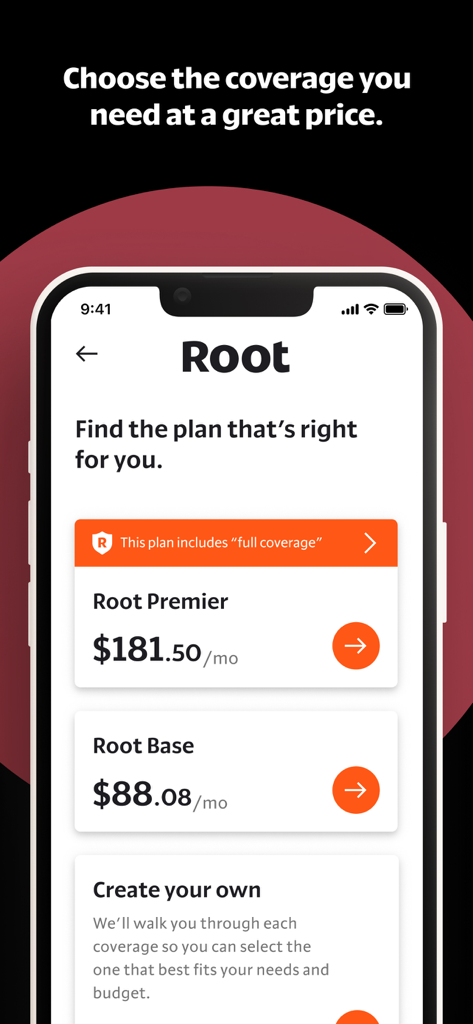 A mobile app interface for Root insurance showing different car insurance plan tiers and monthly prices