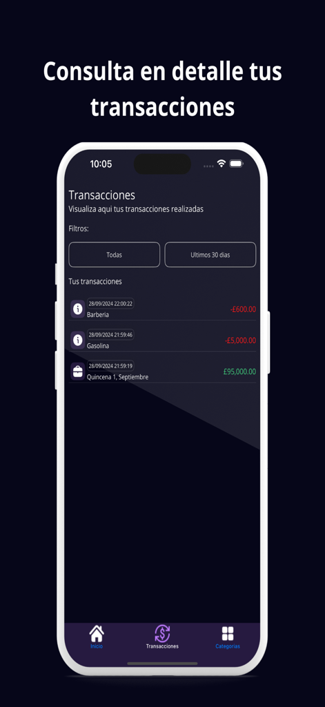 FinanzApp - Finanza Personal - Ein mobiler Bildschirm, der den Transaktionsverlauf und die Filter in der FinanzApp-App für persönliche Finanzen anzeigt