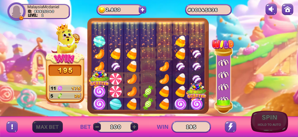 Gameplay screenshot of Mega Win X Slots featuring a colorful candy themed machine and a cartoon lion character.