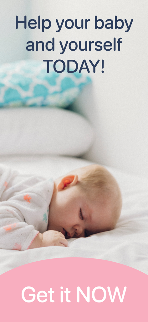 White noise generator, pink - A peaceful sleeping baby on white bedding promoting a white noise sleep aid app
