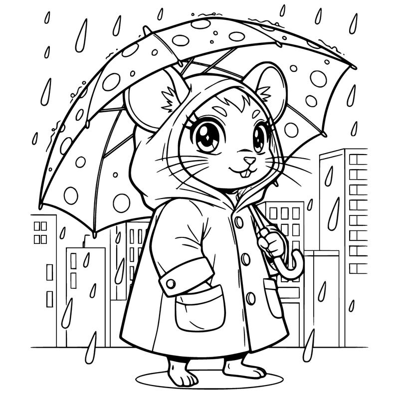 kawaii mouse wearing a raincoat carrying and umbrella