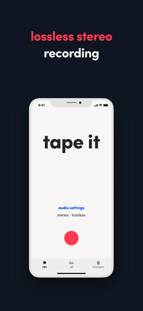 Tape It - Pro Audio Recorder - Interface of the Tape It app showing the main recording screen with a red button and lossless stereo audio settings.