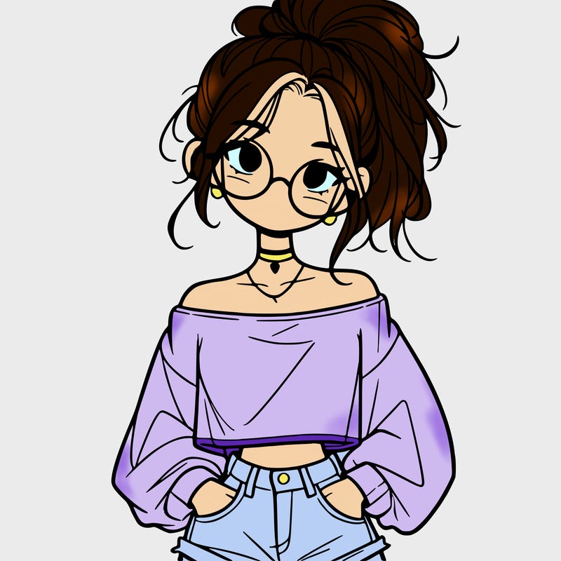 girl with a messy ponytail glasses a baggy crop top and jean shorts