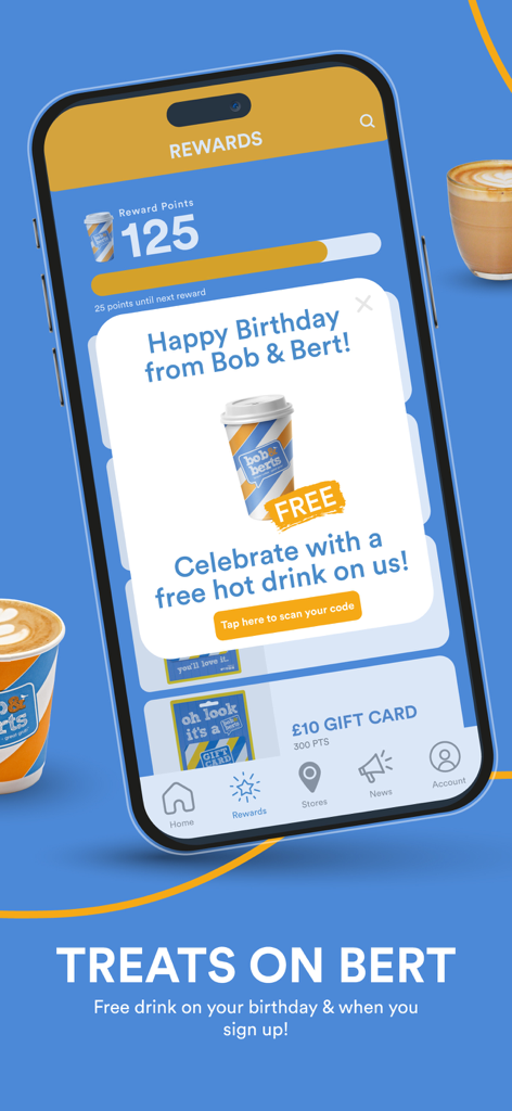 Bob & Berts Loyalty - Bob and Berts Loyalty App zeigt eine Geburtstagsprämie für ein kostenloses Heißgetränk mit einem Scan-Button an
