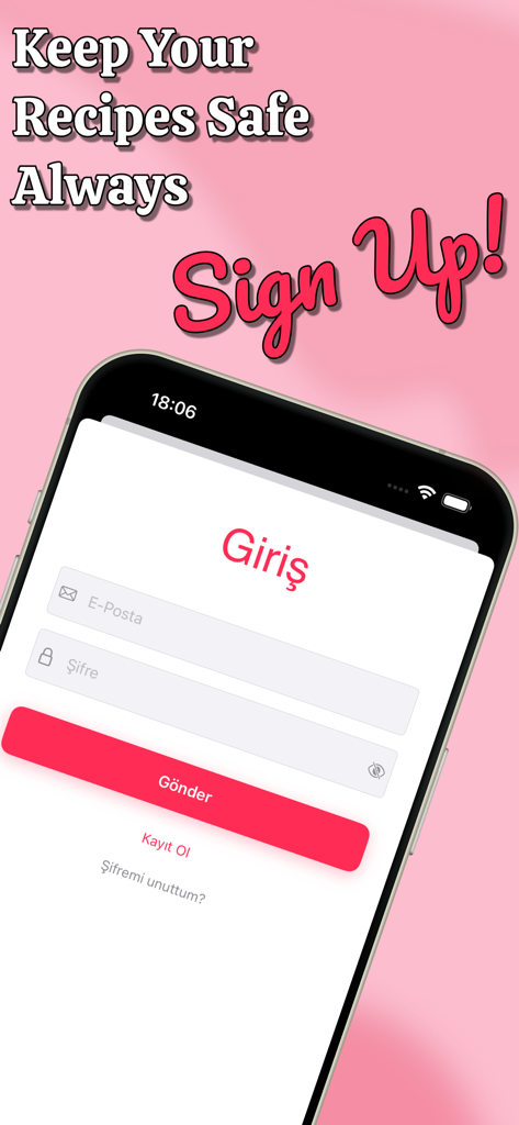 Login and signup screen of the Tarif Defteri Recipe Book app on an iPhone
