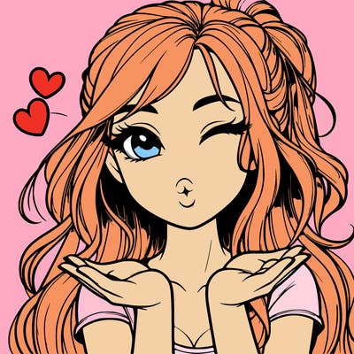 realistic girl winking and blowing a kiss while making heart hands