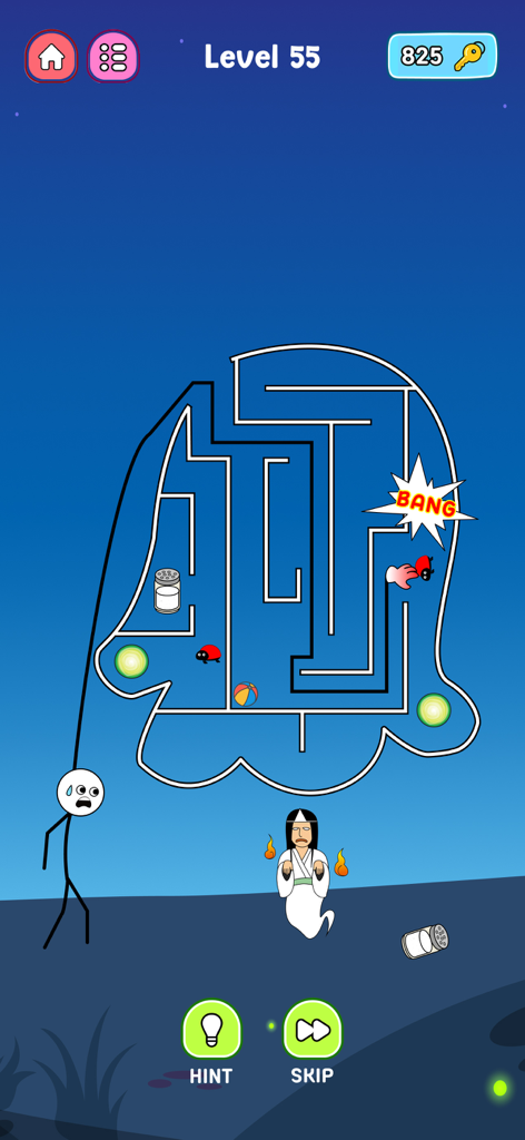 Thief Challenge: Swipe & Steal - A stickman character uses a long stretchy arm to navigate a maze puzzle in Thief Challenge.