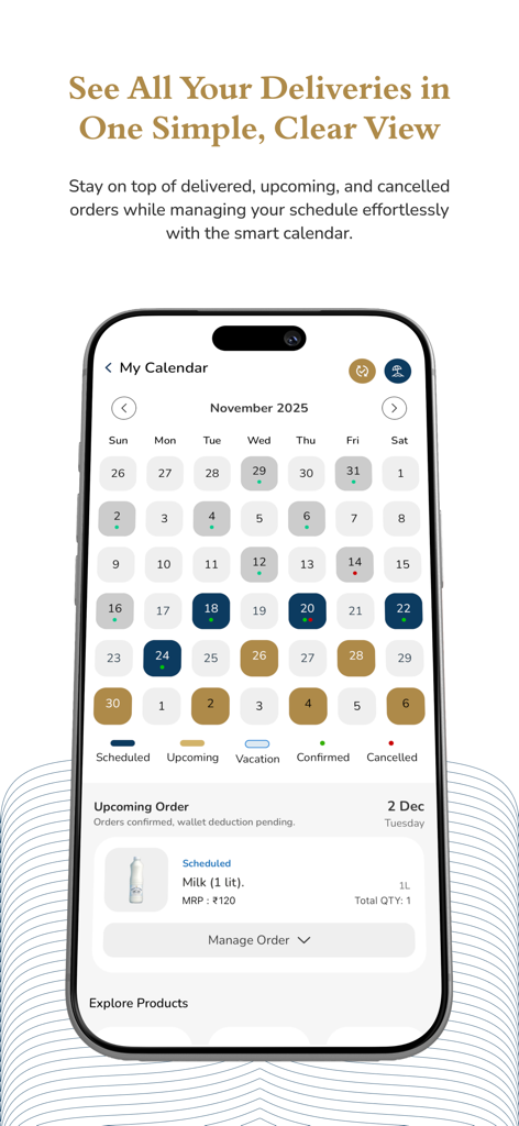 Pride of Cows - Pride of Cows mobile app interface showing a monthly delivery calendar for milk subscriptions.