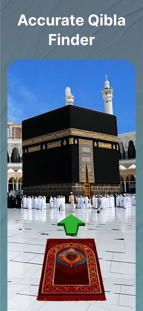 Interfaz de la aplicación Accurate Qibla Finder que muestra una alfombra de oración y una flecha verde apuntando hacia la Kaaba en La Meca
