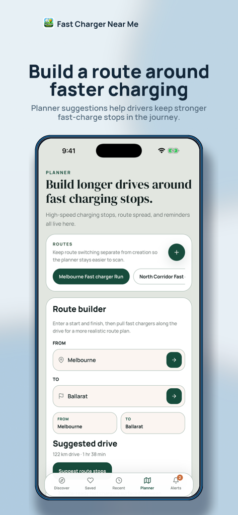 A mobile app interface for planning electric vehicle routes with fast charging stops between Melbourne and Ballarat