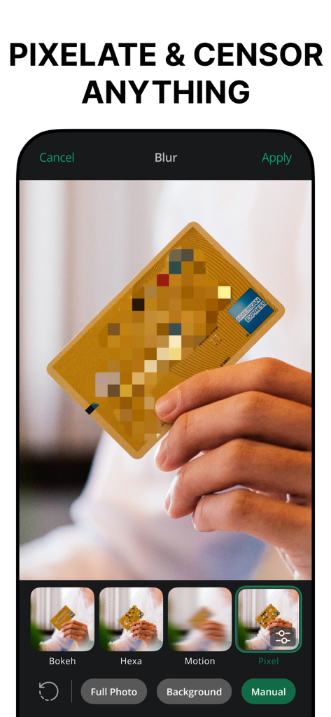 Background Eraser, AI - AppCut - Mobile app interface showing a person using the pixelate tool to censor a credit card