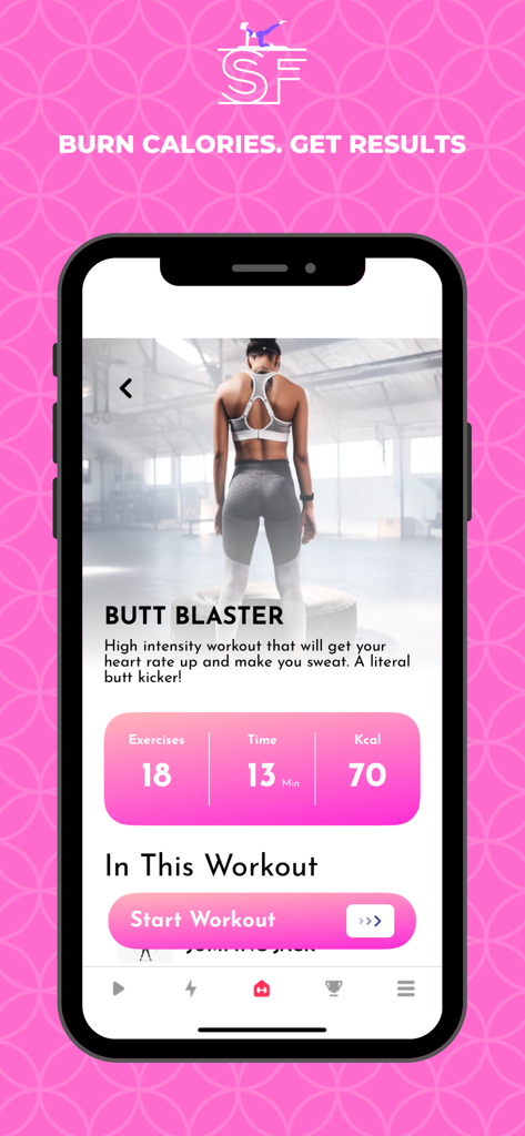 Slim Fitness - Butt Workouts - Interfaz de una aplicación móvil para Slim Fitness que muestra un plan de ejercicios de 13 minutos 'Butt Blaster' para mujeres.