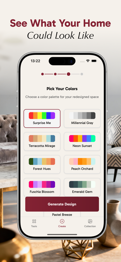 Spacio AI: AI Interior Design - Mobile app interface of Spacio AI showing various color palette options for room redesign
