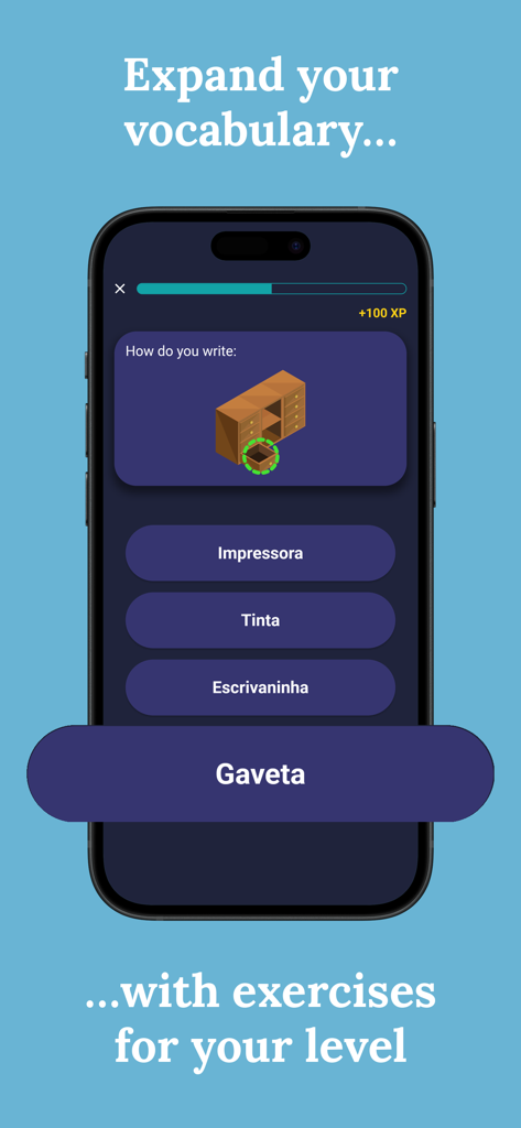 Learn Portuguese (Beginners) - Interactive Portuguese vocabulary quiz with images in a language learning app