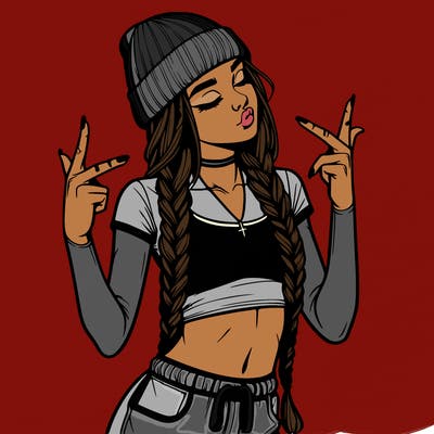 realistic teenage girl with braids and a beanie and crop top doing 🫶🏼