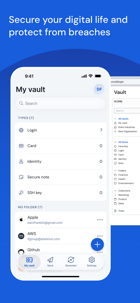 Bitwarden Password Manager - Interfaccia dell'app mobile Bitwarden che mostra la cassaforte delle password con categorie per login, carte e note sicure