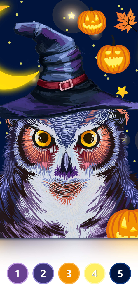 Tap Colorアプリの数字で色塗り、魔女の帽子をかぶったハロウィーンテーマのフクロウ