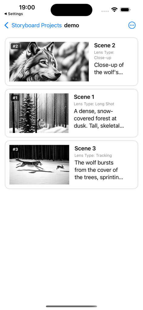 SmartBoard app interface displaying a list of storyboard scenes with shot types and AI-generated illustrations.