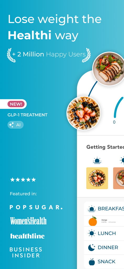 Healthi: Weight Loss, Diet App - Healthi weight loss app introductory screen showing meal tracking features and media mentions