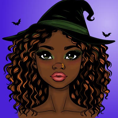 realistic black girl with wavy hair and witch hat and nose and lips