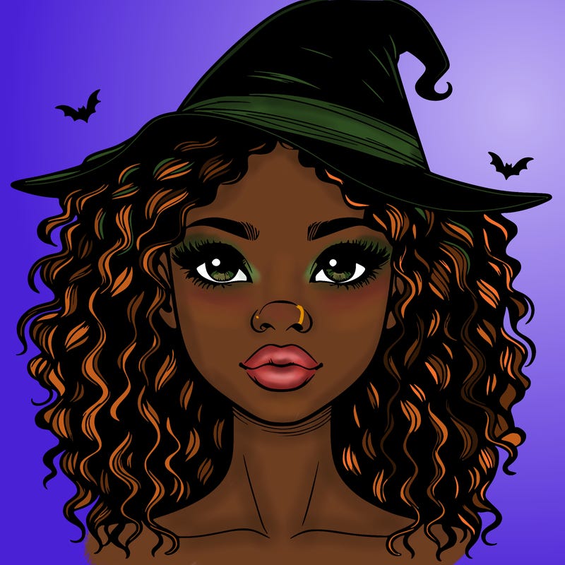 realistic black girl with wavy hair and witch hat and nose and lips