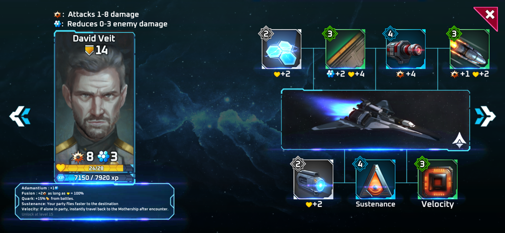 Sol Frontiers - Idle Strategy - Character profile of David Veit in Sol Frontiers showing starship equipment and stats