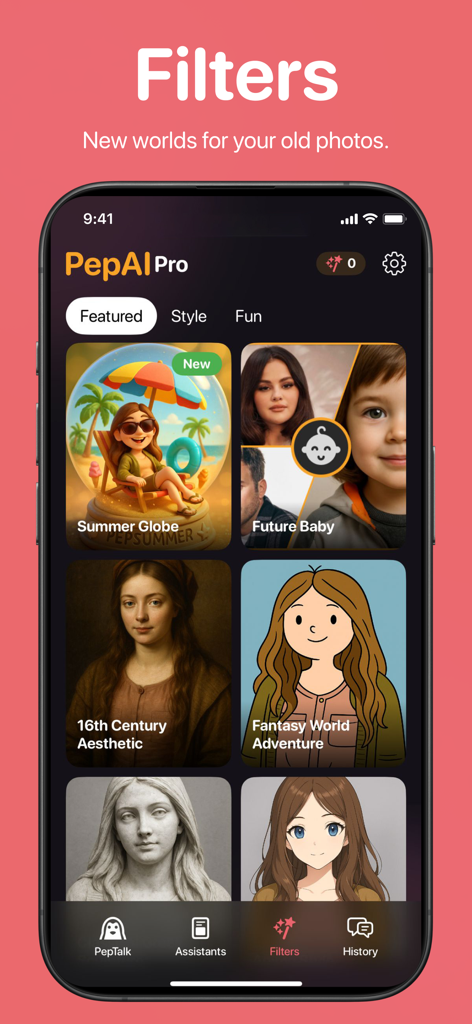 PepAI - Your Daily Companion - PepAI app screen showcasing various AI photo filter styles including cartoon, historical, and fantasy effects