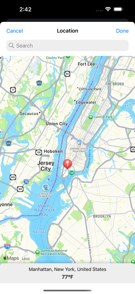Thermometer++ App - Interfaz de la app Thermometer mostrando un mapa de Manhattan, Nueva York, con una temperatura de 25 grados Celsius