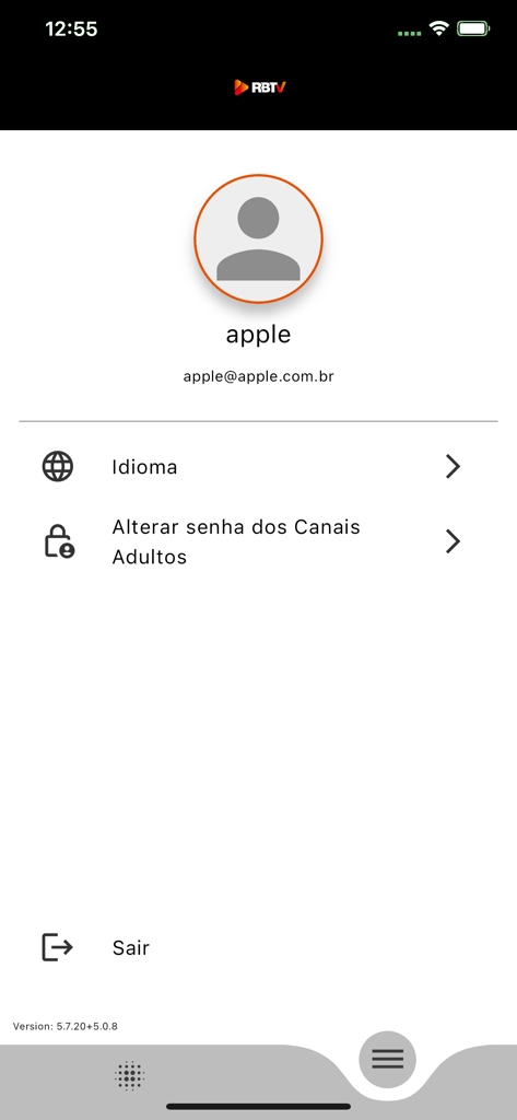 RBTV - Schermata del profilo utente e delle impostazioni dell'app RBTV in portoghese