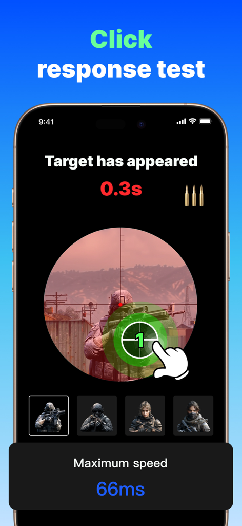 Screenshot of GA Auto Clicker app showing a click response test with a sniper target and reaction time of 0.3 seconds