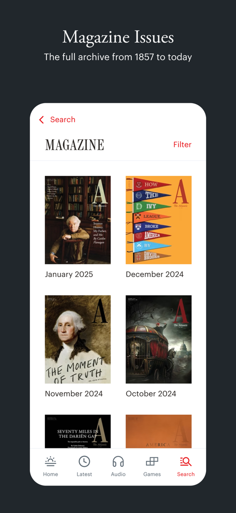A grid display of The Atlantic magazine covers from the digital archive.