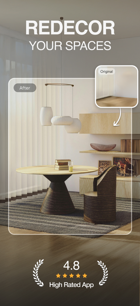 Interior Design: Home Decor AI - Antes y después de la transformación de una habitación usando la aplicación Interior Design Home Decor AI