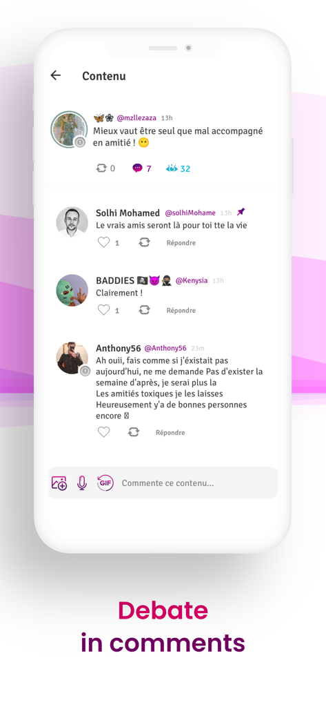 Sondago app interface showing a social feed with user posts and a section to debate in comments.