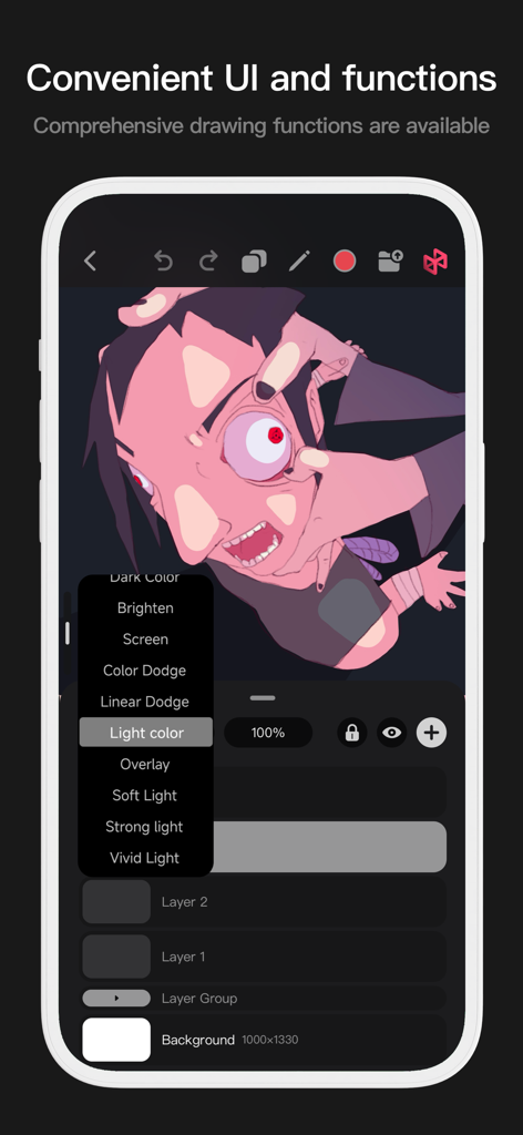 Pofi Brush - Sketch & Paint - Pofi Brush mobile interface showing layer blending options and stylized character art