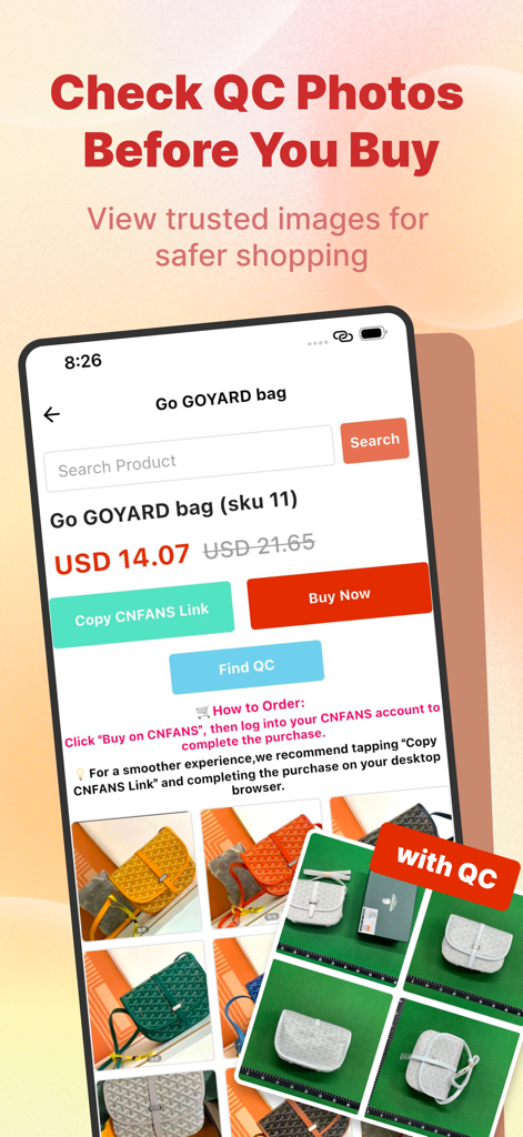Cnfans Sheets app screen showing product details for a designer bag with options to view quality control QC photos before buying.