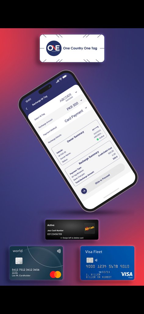 Mobile interface of the M-TAG One Network app showing the recharge process and payment options for motorway tolls.