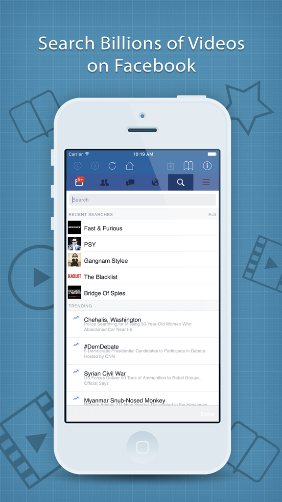 BVideo app interface on an iPhone showing a search bar for Facebook videos with recent searches and trending topics