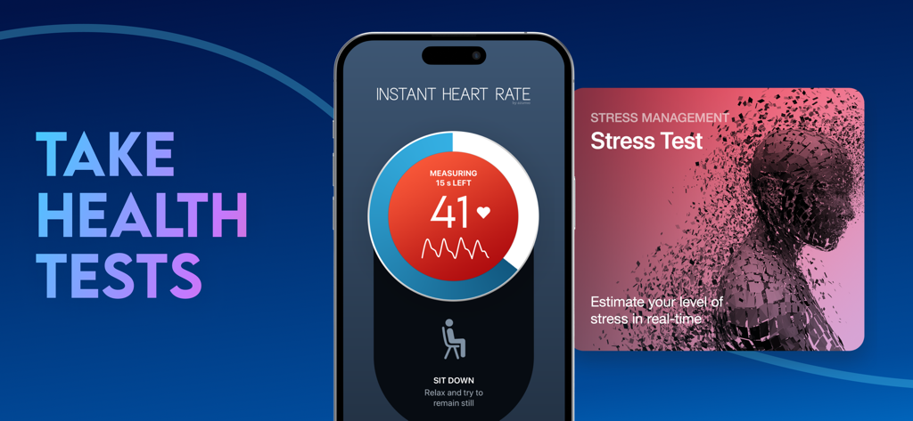 Instant Heart Rate+ HR Monitor - iPhone displaying a heart rate measurement and stress test interface from the Instant Heart Rate app