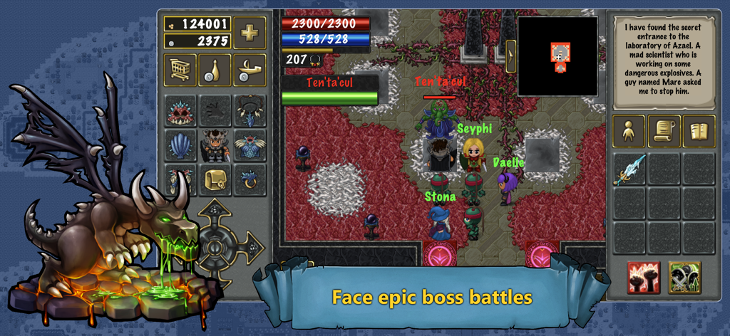 TibiaME - MMORPG - TibiaME mobile MMORPG gameplay showing a group of players in a boss battle with retro 2D graphics