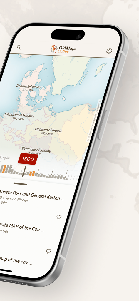 Die Benutzeroberfläche der OldMapsOnline-Mobil-App zeigt eine historische Karte von Europa aus dem Jahr 1800 mit einem Schieberegler zur Navigation in der Zeitachse.