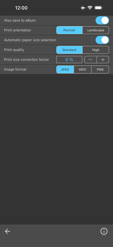Photo Collage Maker & Printer - Menú de configuración de la aplicación Creador de Collages de Fotos que muestra las opciones de orientación de impresión y formato de imagen