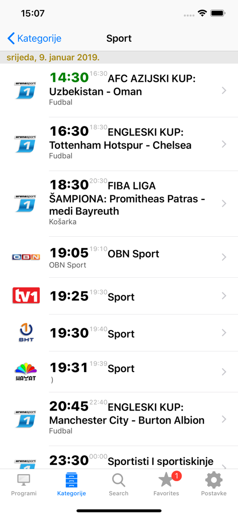 BiH TV - Sports schedule view in the BiH TV app listing regional and international matches with local broadcast times.