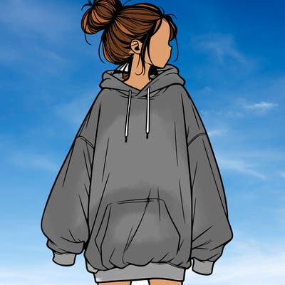 realistic girl with a oversized sweatshirt on and a bun