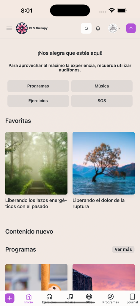 BLS therapy - Interface of the BLS Therapy app showing wellness categories and meditation programs in Spanish.