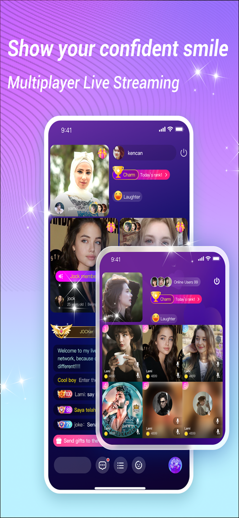 Interface of Lami Live app showing multiplayer live streaming with several user profiles