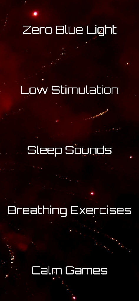Features list for Sleep Arcade including Zero Blue Light, Low Stimulation, Sleep Sounds, Breathing Exercises, and Calm Games.